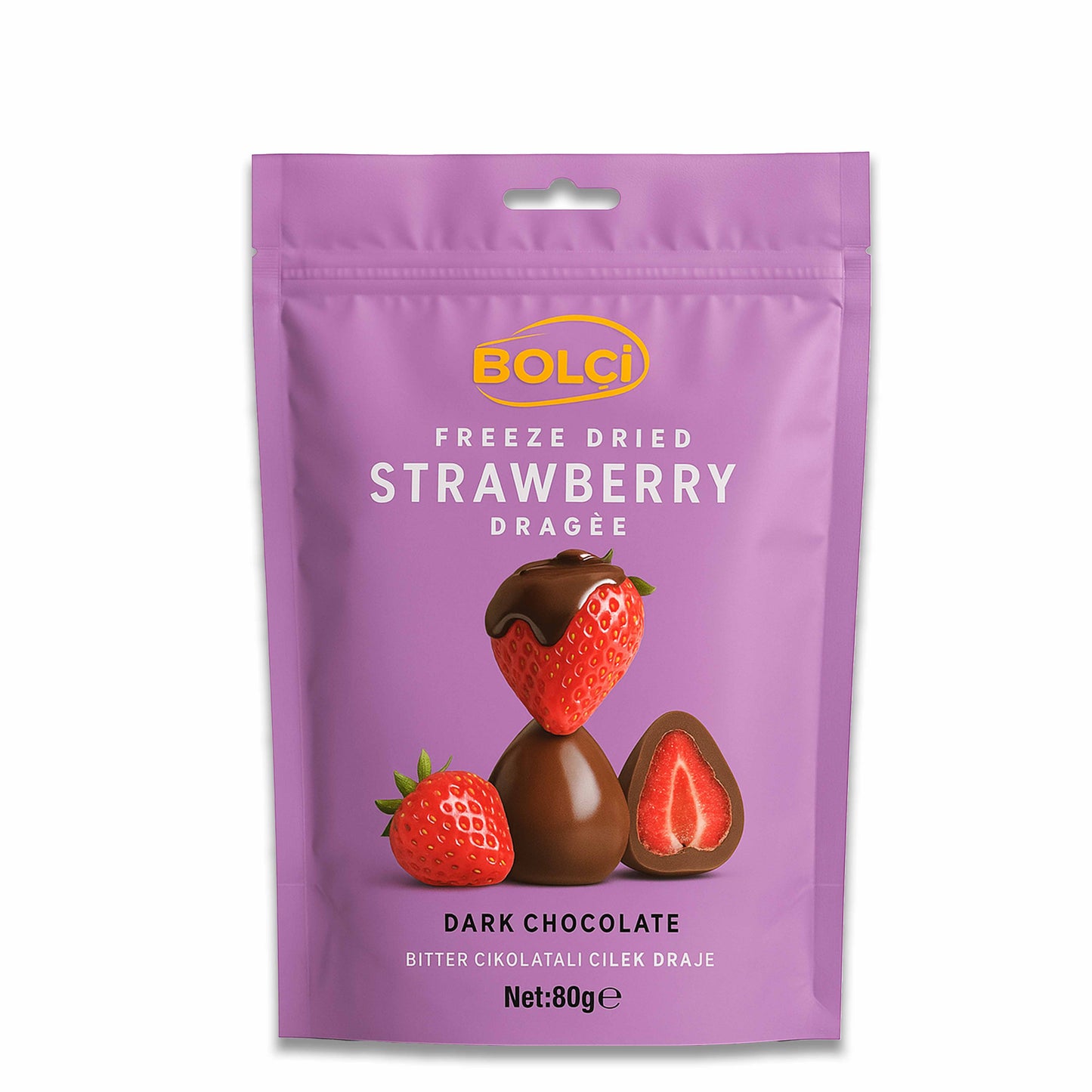 Bolci Freeze Dried Strawberry Dark Chocolate 80g – Knusprige Erdbeeren in edler Zartbitterschokolade